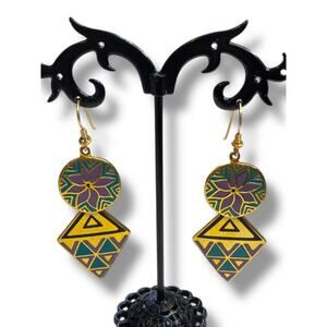 1993 Sarah Burch Gypsy Spirit Earrings Fishhook Pierced Cloisonné 2.75" Drop